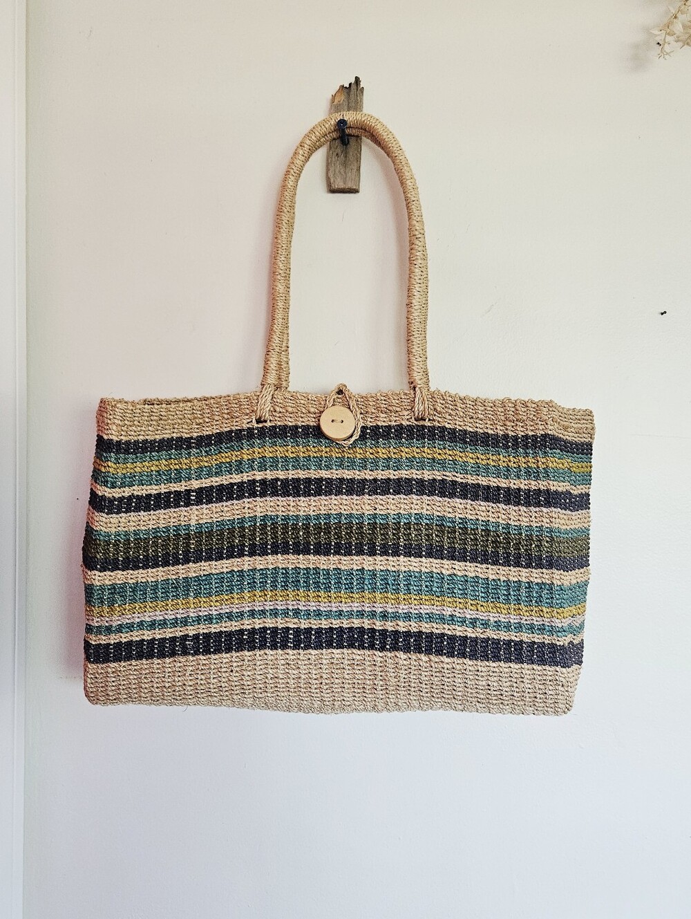 Free People Woven Straw Stripe Tote Bag in Natural and Blue